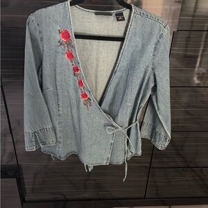 Embroidered Denim Wrap Top